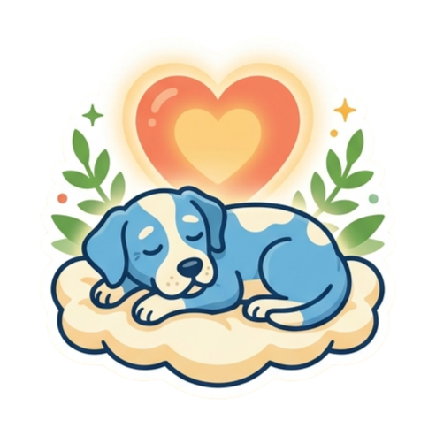 Gentle illustration of a peaceful resting dog with a soft heart for end of life care