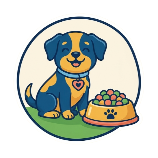 Illustration of a happy dog with a food bowl and heart ID tag