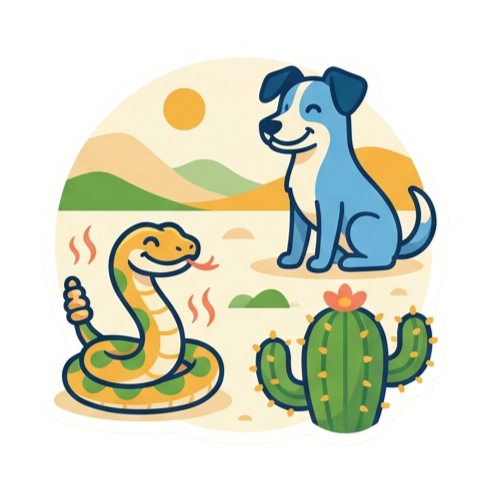 Illustration of a dog safely keeping its distance from a rattlesnake in the Tucson desert
