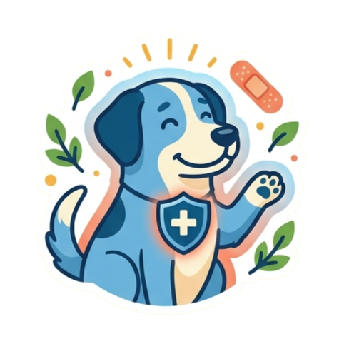 Illustration of a caring dog with a medical shield for specialty care and referrals