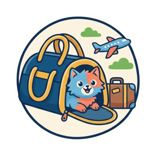 Illustration of a pet in a travel carrier with an airplane and suitcase
