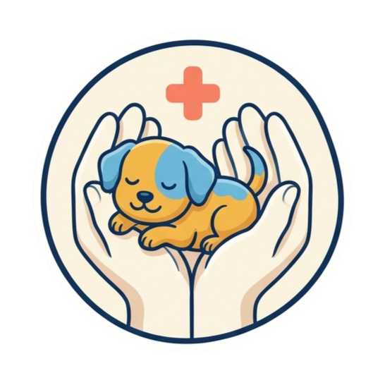 Illustration of gentle hands cradling a puppy for urgent care