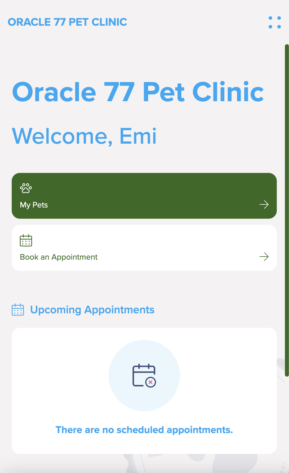 The Oracle 77 Pet Clinic online booking portal — welcome dashboard with My Pets and Book an Appointment